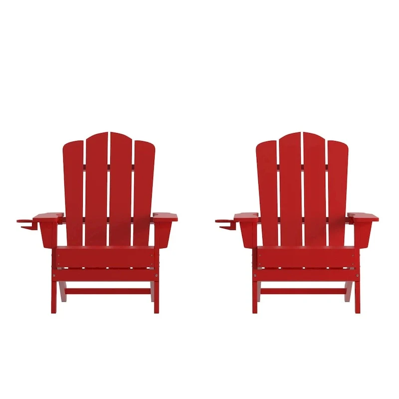 Set of 2 Commercial All-Weather Adirondack Chairs with Cupholders