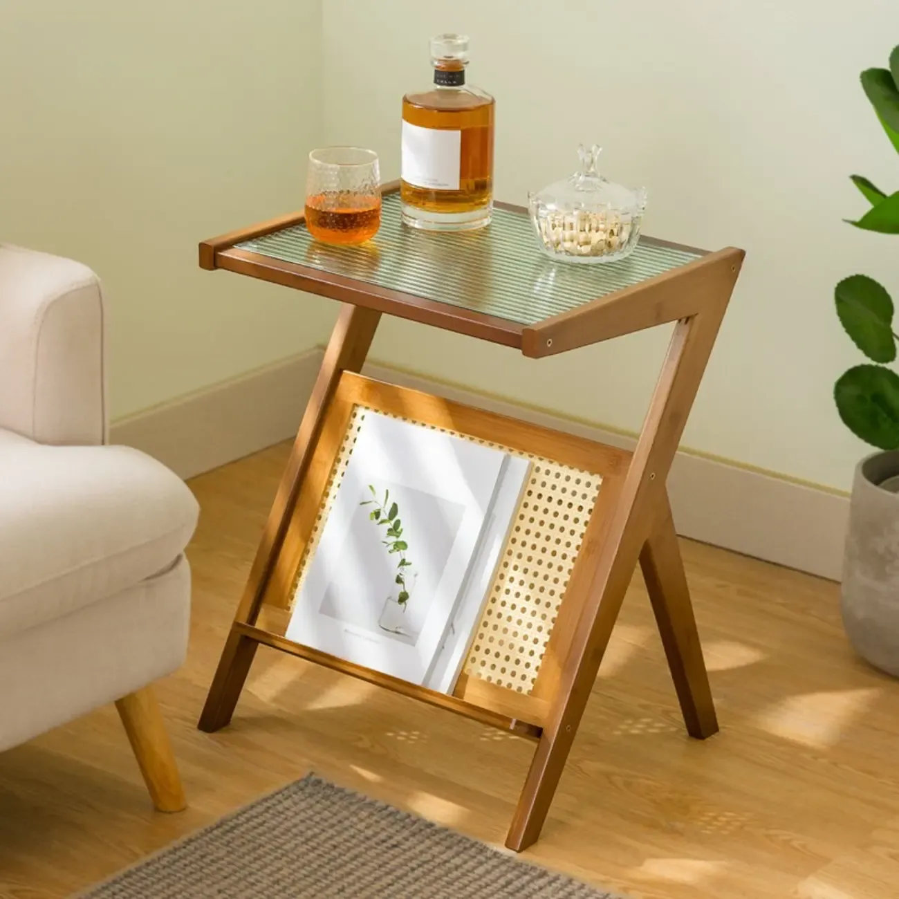 Glass and Wood Modern Foldable End Table with Rack