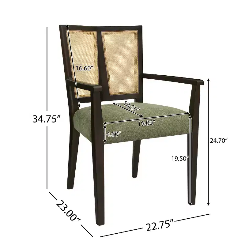 Beige/Dark Brown Upholstered Dining Arm Chairs with Rattan Back, Set of 2