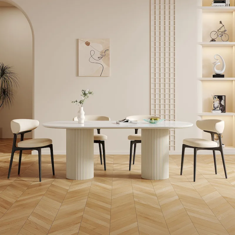 71 Modern Rectangular Dining Table with Stone Table-top, Wood Legs