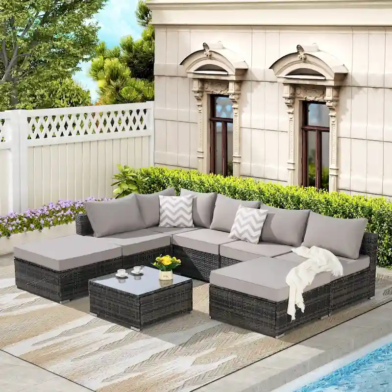 8 Piece Outdoor Sectional Sofa Set, All-Weather Wicker Conversation Furniture Set with Coffee Table and 2 Pillows