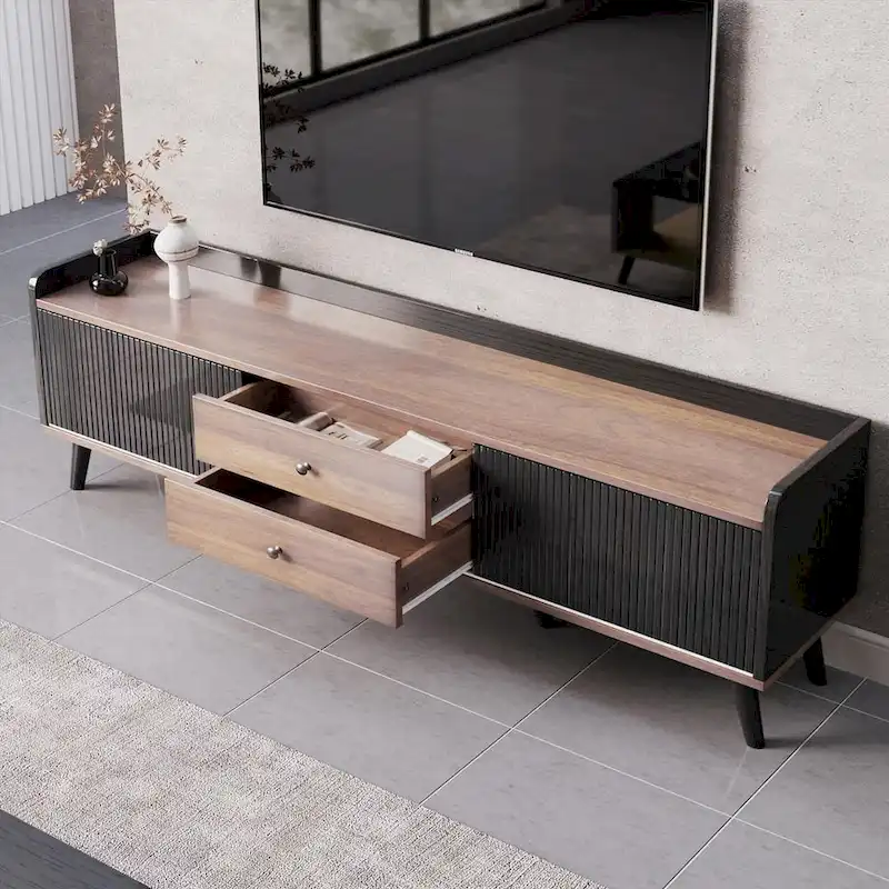 63 Inch Mid Century Modern TV Cabinet Dark Brown Black