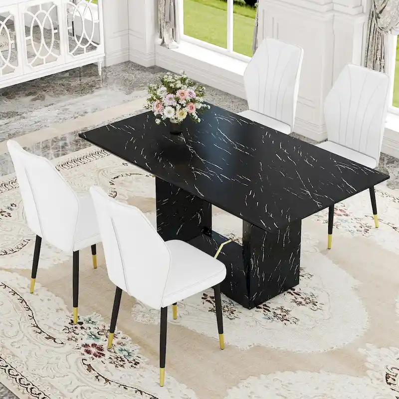 Black Marble Pattern Dining Set - 5 Piece with 4 PU Chairs (63