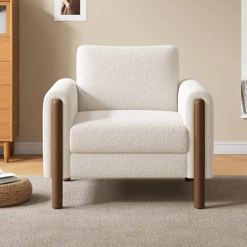 White 33.5 Upholstered Accent Chair with Walnut Legs