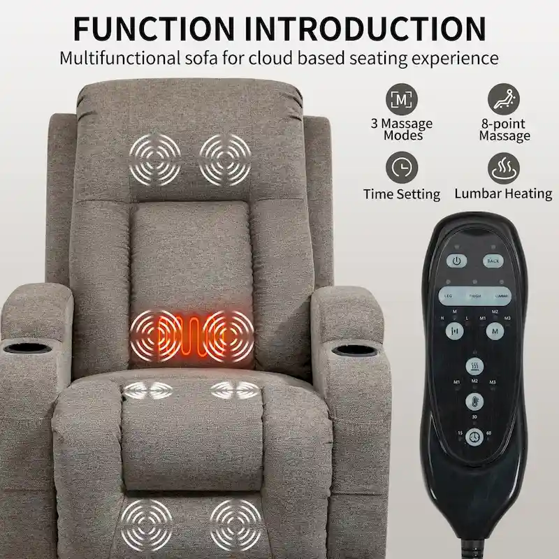 Power Lift Recliner with Massage, Lumbar Heating, USB Charging & Cup Holders, Modern Ergonomic Design