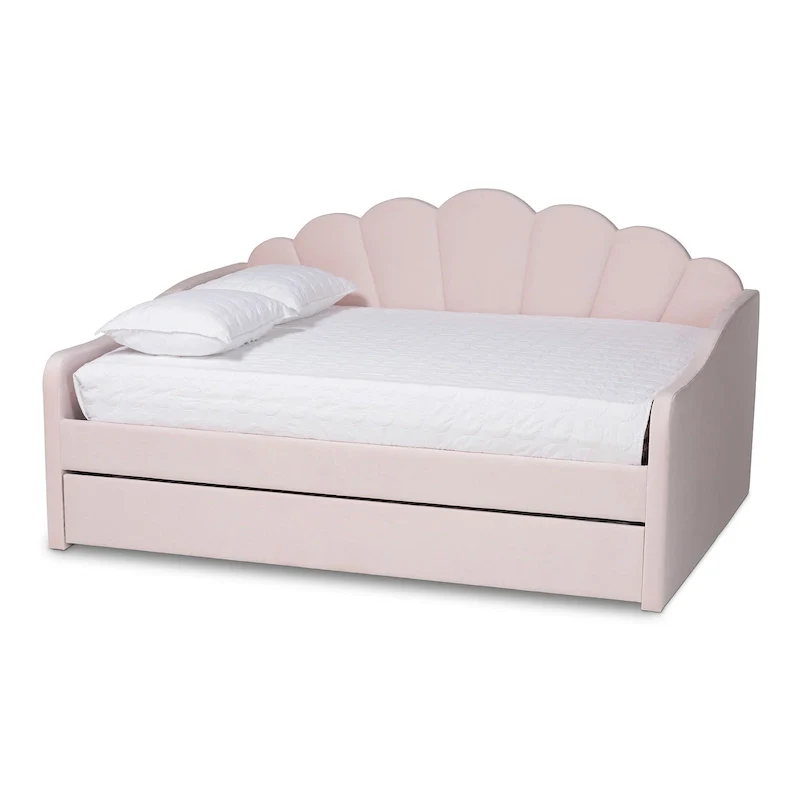 Timila Modern and Contemporary Light Pink Velvet Fabric Upholstered Queen Size Daybed with Trundle