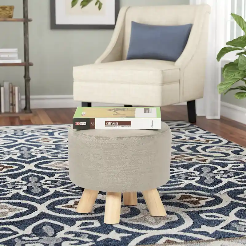 Adeco Modern Round Ottoman Home Footrest Stool/ Linen Fabric Seat Pouf