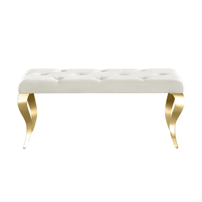 Luxury Velvet Bench Button Tufted Upholstered Dining Bench with Polished Metal Legs