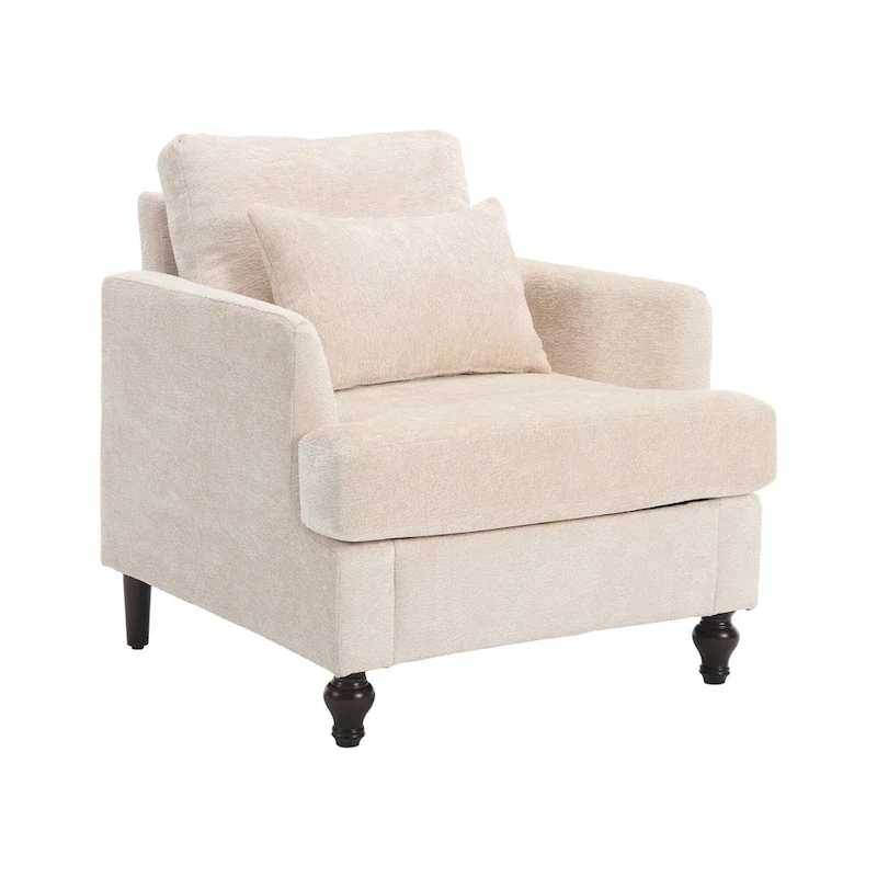 Beige 29.53 Chenille Upholstered Arm Chair with Solid Wood Frame and Cushions