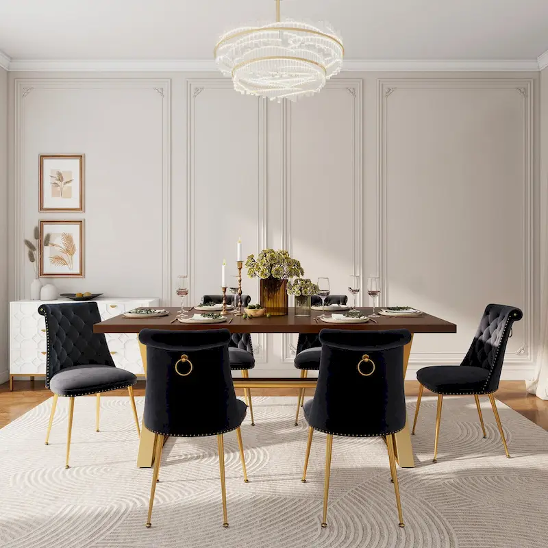 7-Piece Clihome Walut Wood Dining Table with Velvet Chair Dining Chair