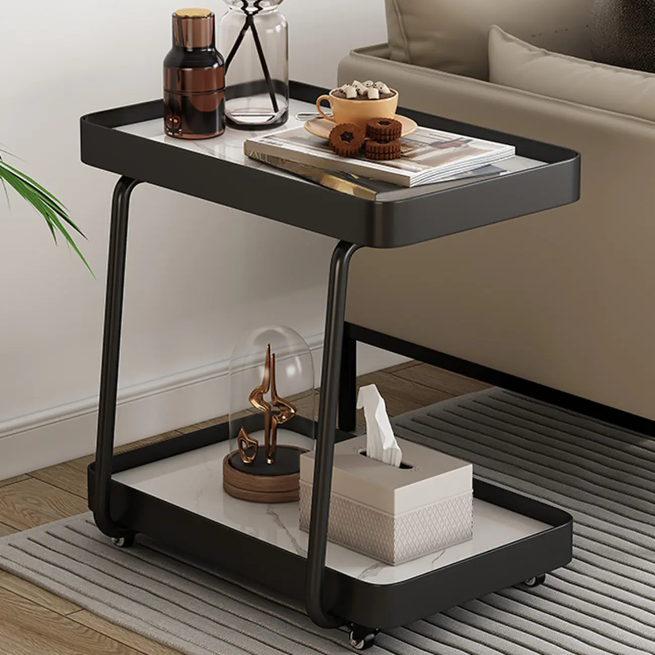 Modern C-Shaped White Stone Rectangular Swivel Side Table