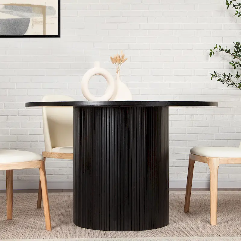 Round Fluted Pedestal Dining Table for 2-6 People - Black/Natural Oak