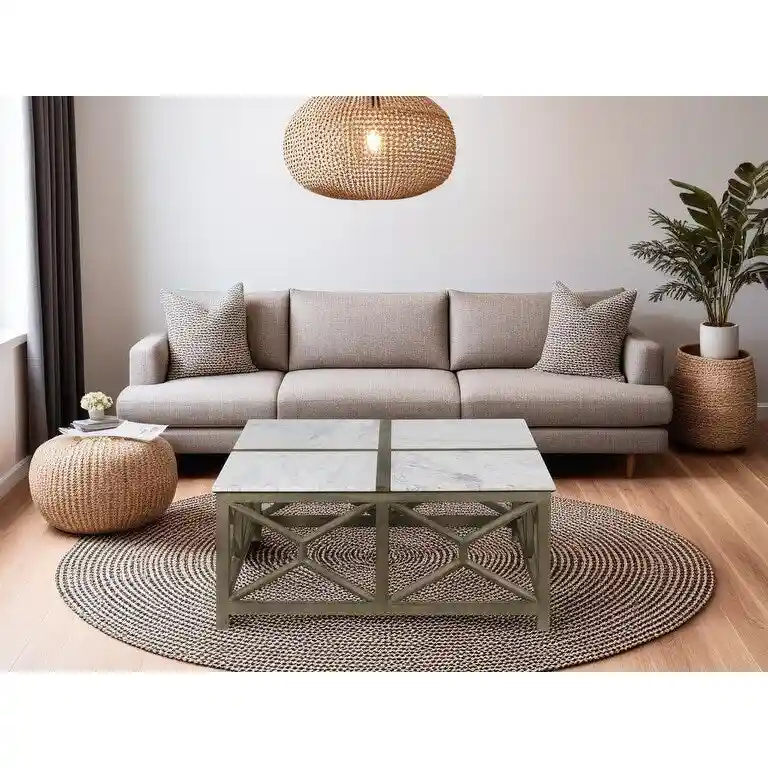 Agas Coffee Table, 40 Inch Square White Genuine Marble Top, Sandblasted Washed Ash Gray Mango Wood Geometric Frame