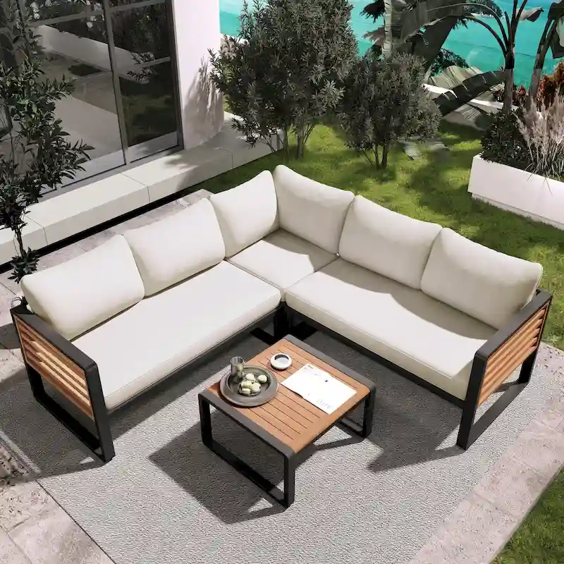 4-Piece Iron L-Shaped Sectional Sofa Set with Cushions & Table