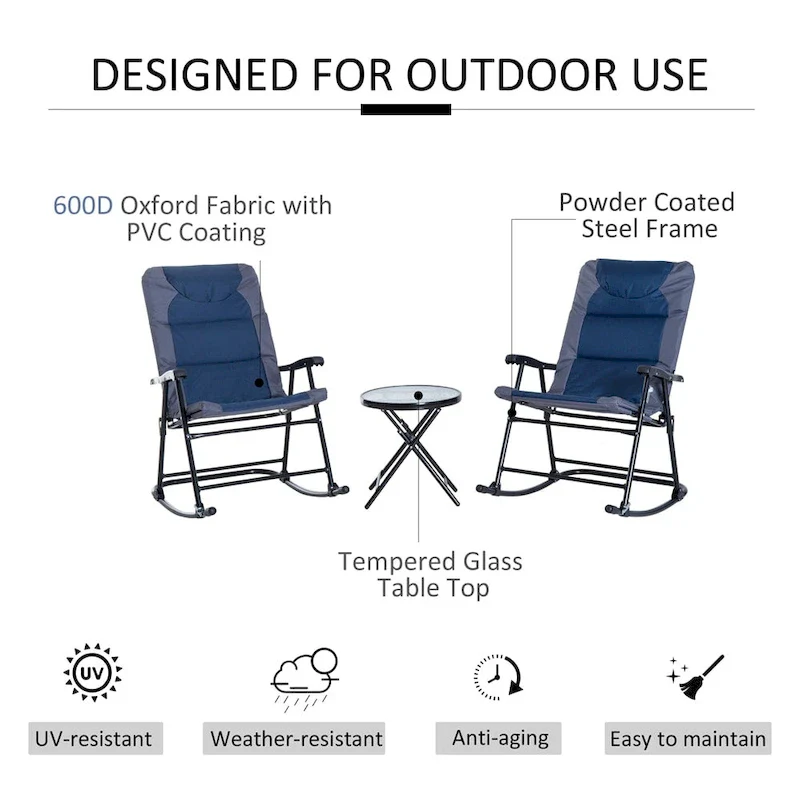 3 Piece Patio Folding Rocking Chairs Set with Glass Coffee Table