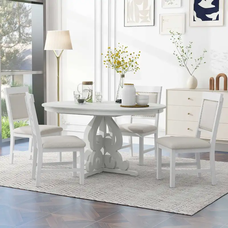 5 Piece Kitchen Dining Table Set, Wood Round Extendable Table Set with Leaf and 4 Upholstered Chairs with Decorative Nails