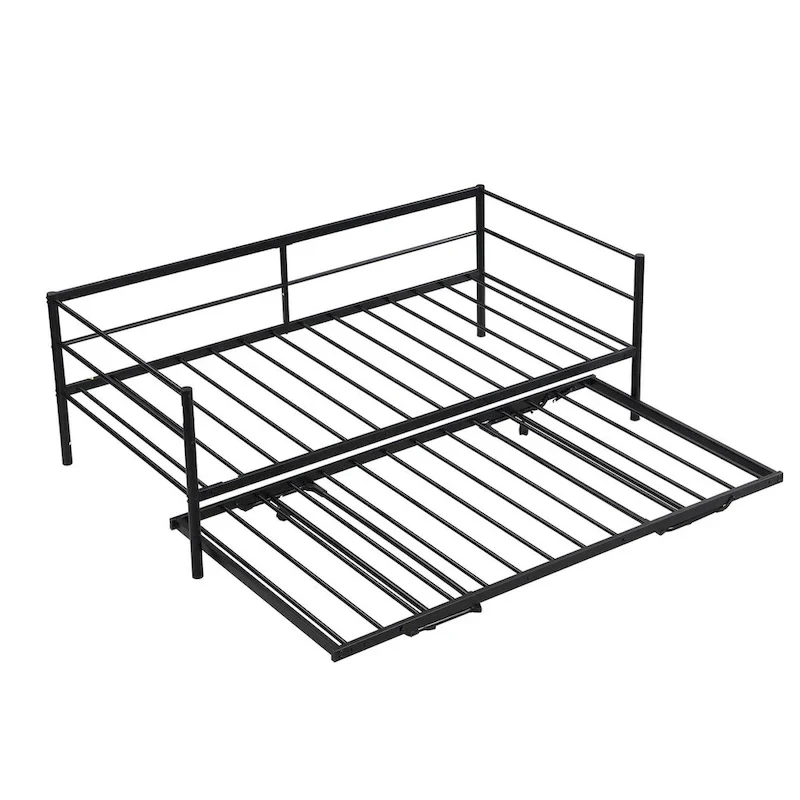 Black Industrial Style Metal Twin Daybed, Adjustable Pop-Up Trundle, Sturdy Frame