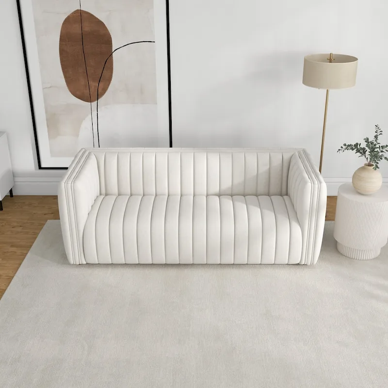 Mid-Century Modern Sofa - Cream Boucle, Tufted Back, Walnut Wood Legs, High-Density Foam