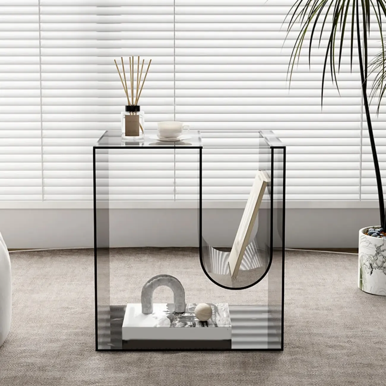 Stylish Gray Acrylic Side Table with Magazine Rack