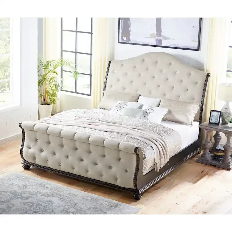 Beige Polyester Button-Tufted Sleigh Bed – King/Queen