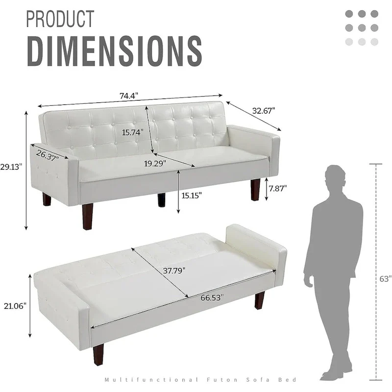 Faux Leather Futon Sofa Bed Sleeper Couch, Mid Century Button Tufted Upholstered Convertible Sofa Bed with Wooden Legs
