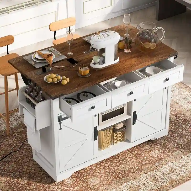 Farmhouse Kitchen Island with Power Outlet, Rolling Kitchen Cart with Drop Leaf