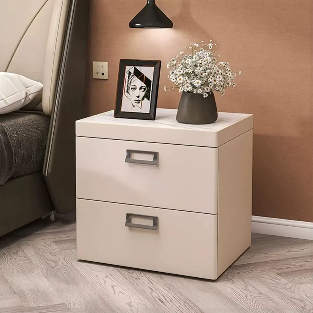 Modern Faux Leather 2 Drawers Nightstand with Stone Top