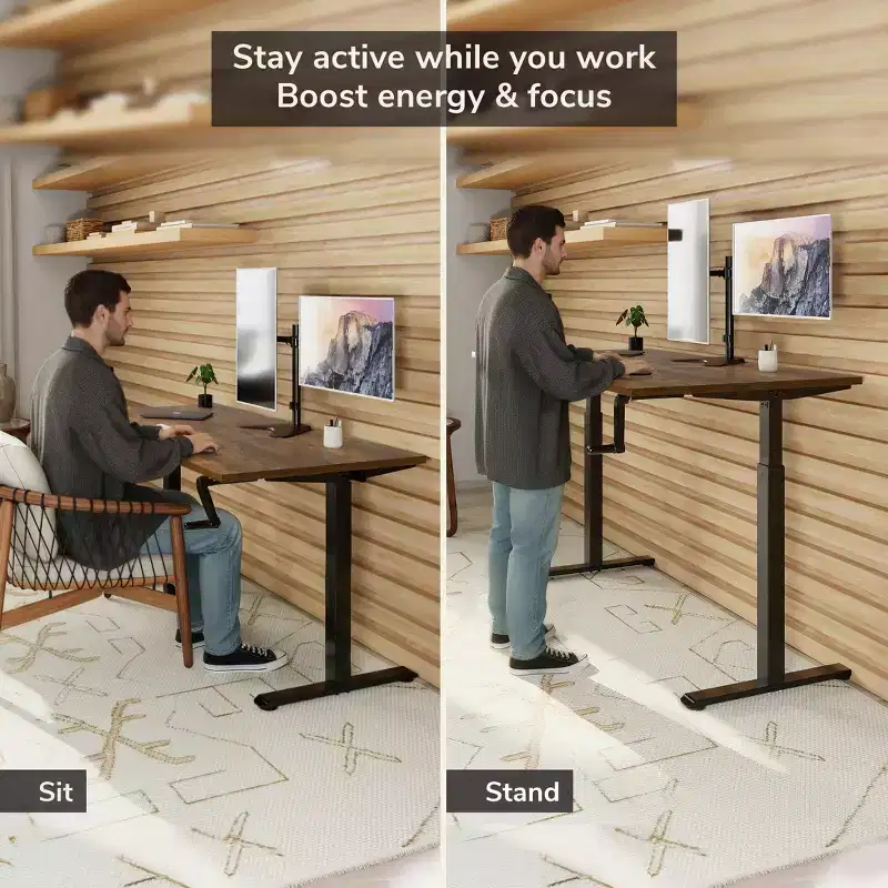 Mount-It! Height Adjustable Hand Crank Sit-Stand Desk with 55 Tabletop | Oak