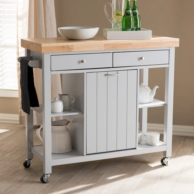 Farmhouse Grey Wood Kitchen Cart with Rubberwood Top