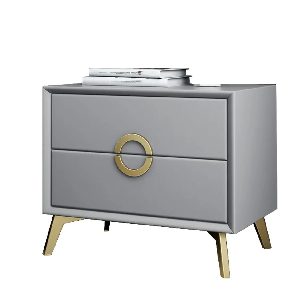 Chic Khaki Leather Gold Accents 2-Drawer Nightstand