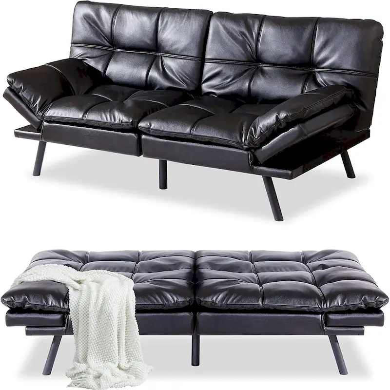 Futon Sofa Bed, Faux Leather Memory Foam Couch Futon Sets, Convertible Sofa Daybed, Love seat Sofa Bed for Small Space