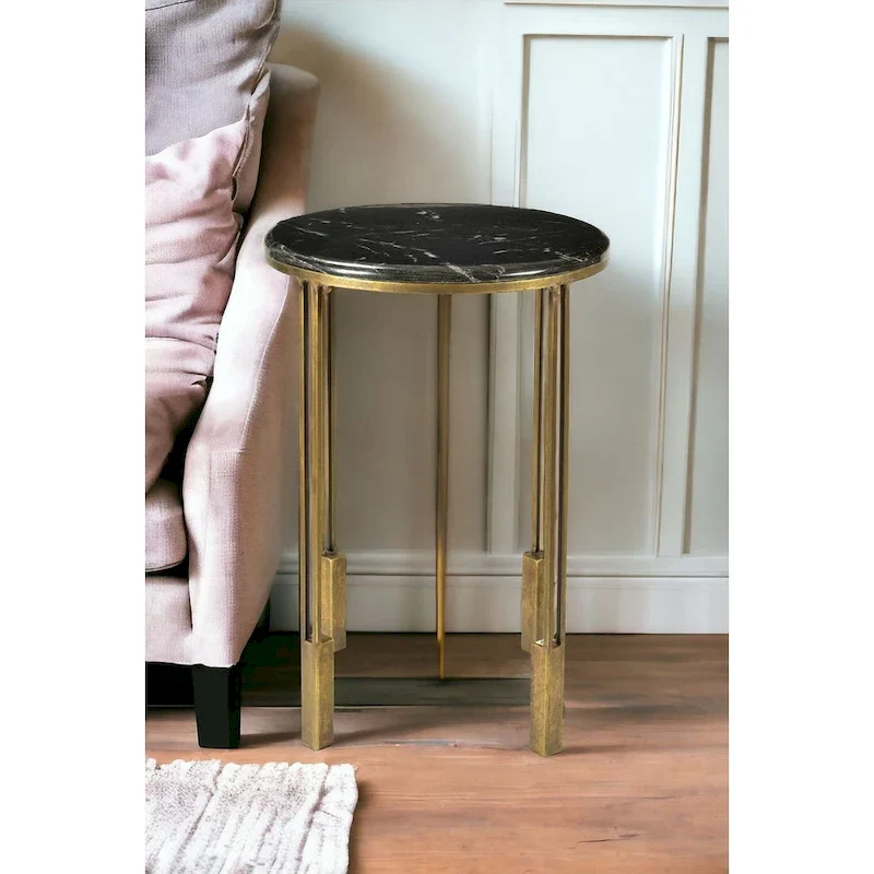 HomeRoots 23 Gold And Black Marble And Iron Round End Table - 23