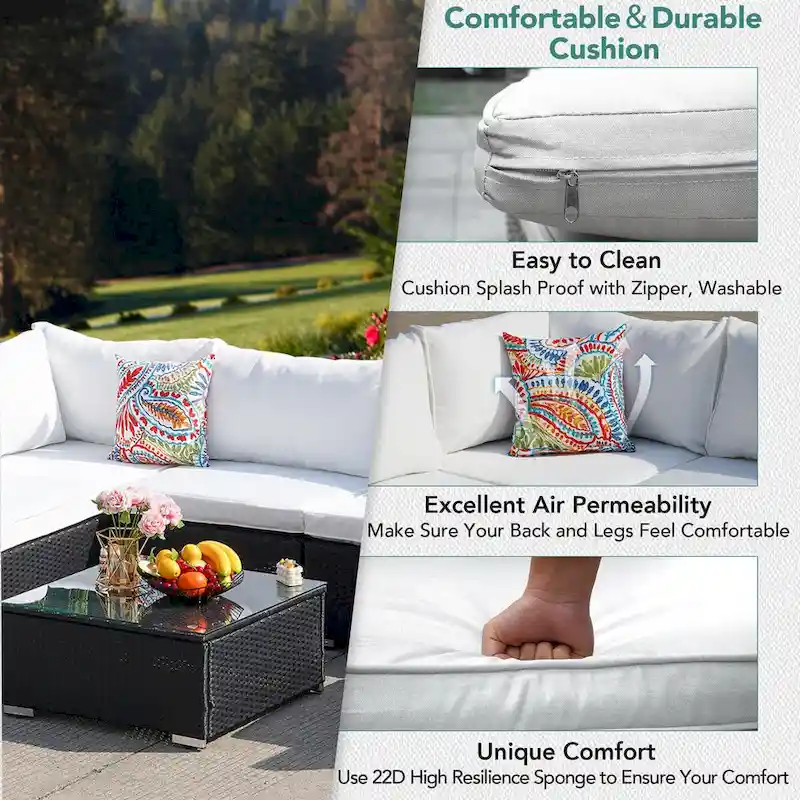 7-Piece Wicker Patio Conversation Set with Cushions and Glass Table