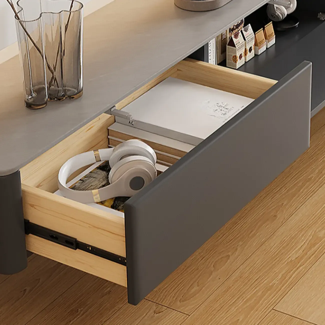 Stone Modern TV Stand with Drawers and Cable Management
