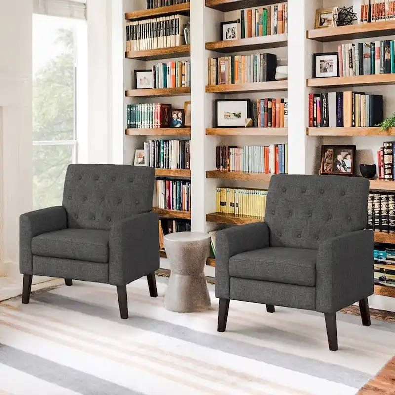 LUE BONA Modern Upholstered Accent Chair Linen Fabric Button Tufted Armchair with Solid Wood Frame - 28.5 W X 27.25 D X 33.75 H