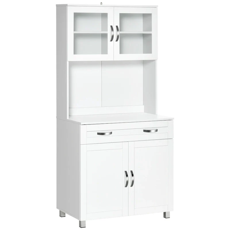 HOMCOM Modern Kitchen Pantry with Buffet Cabinet, Cupboard with Framed Glass Doors and Shelves, White