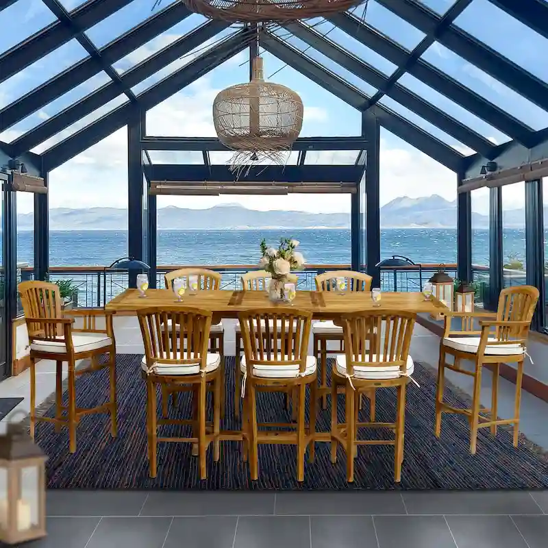 Chic Teak 9 Piece Teak Wood Orleans Bar Table/Chair Set With Cushions