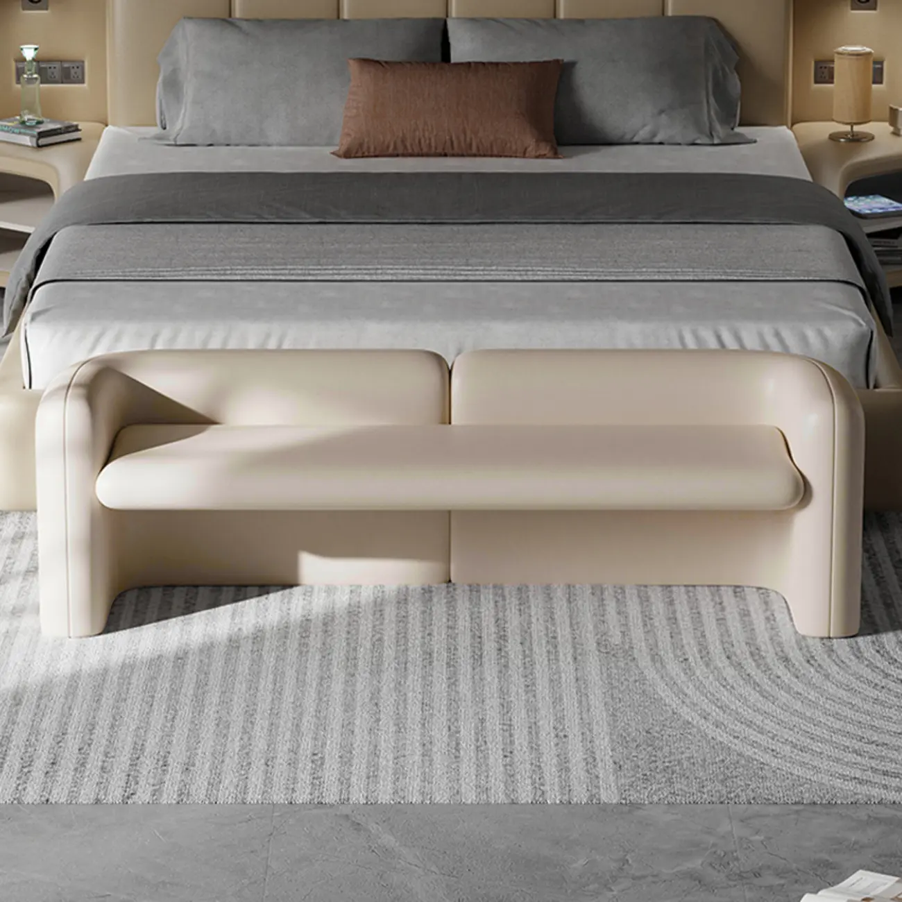 Modern Genuine Leather Cushioned Bedroom Bench