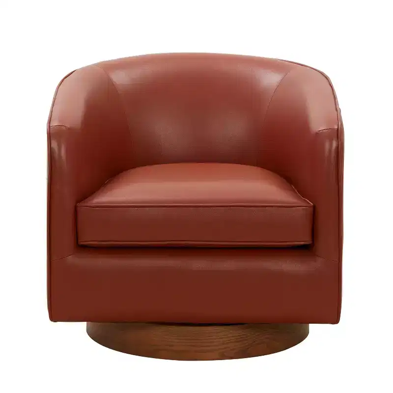 Okak Modern Top Grain Leather 360 Swivel Chair Accent Chair with Soft Cushion Barrel Sofa Chair with Wood Base for Lounge Office Bedroom