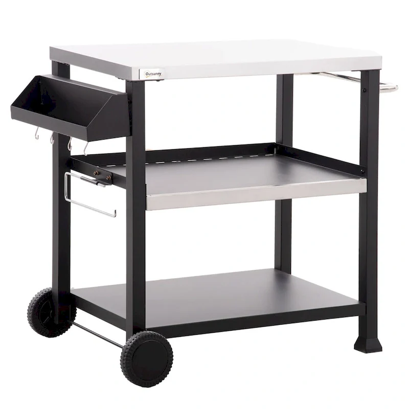 Three-Shelf Outdoor Grill Cart with Stainless Steel Tabletop on Wheels