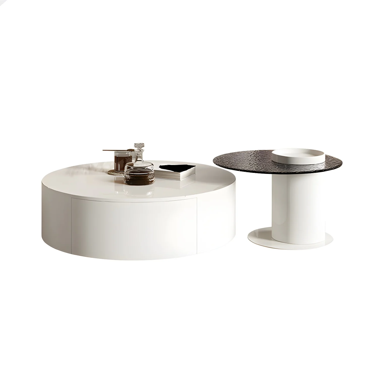 White Modern Round Sleek Drawer Coffee Table