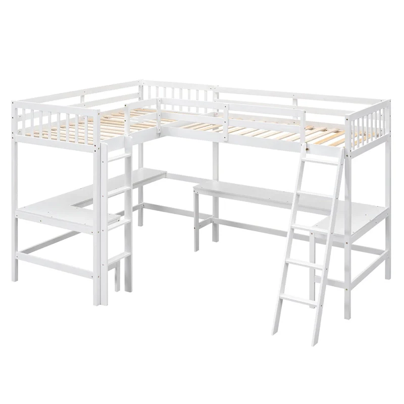 Twin L-Shaped Loft Bed with Desks