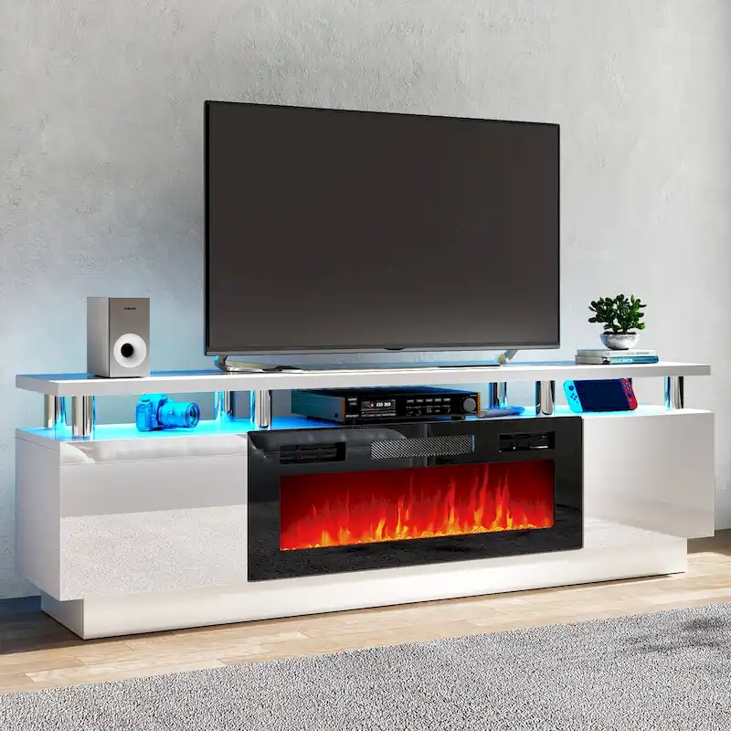 70" TV Stand with 36" Electric Fireplace, White/Black, LED Lights, Adjustable Shelf