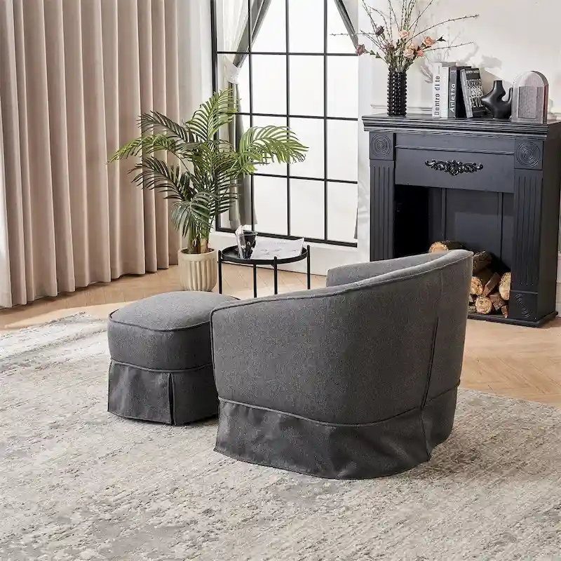 Swivel Barrel Chair with Ottoman and Black Metal Base