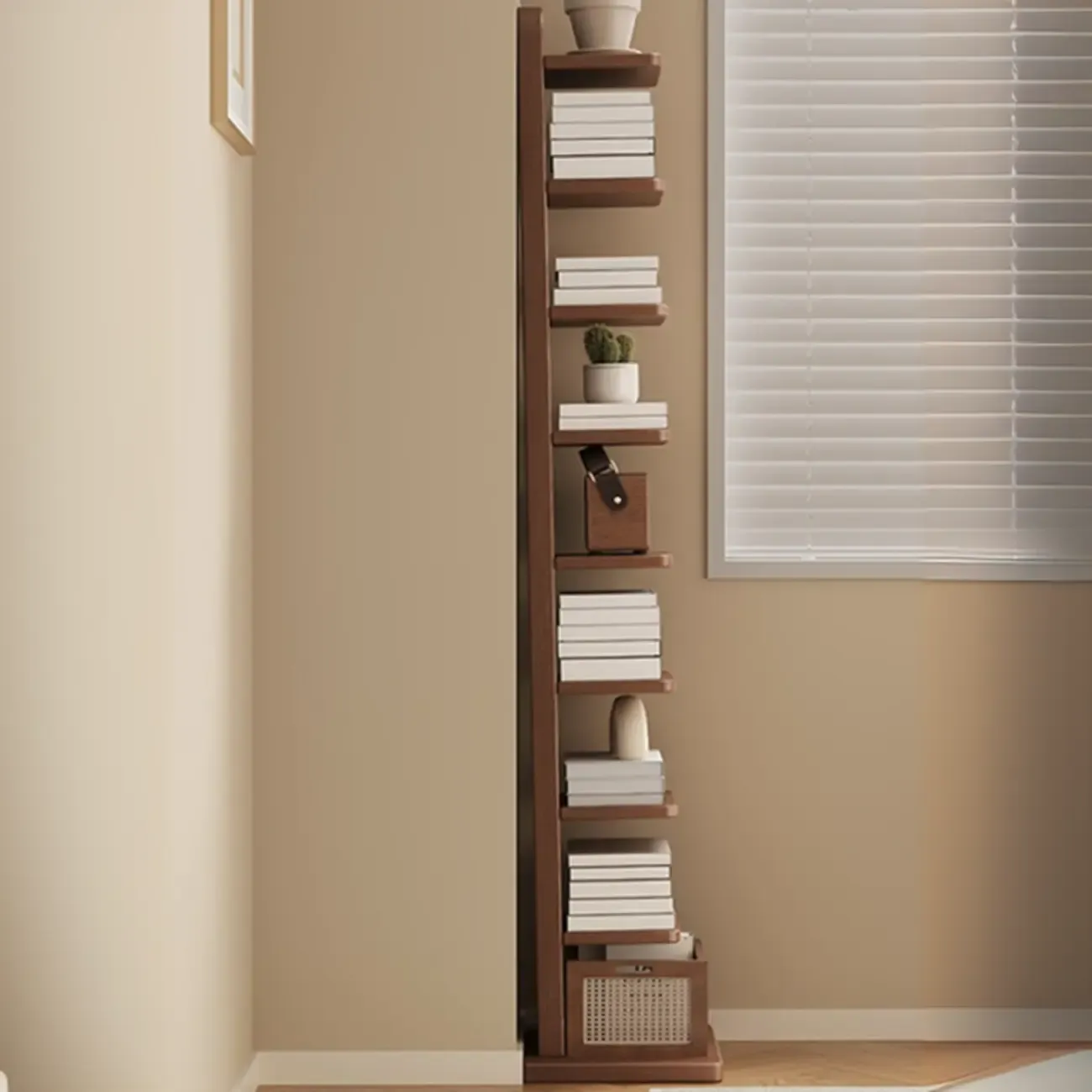 Narrow Wooden Multi-Shelf Closed Back Ladder Bookshelf