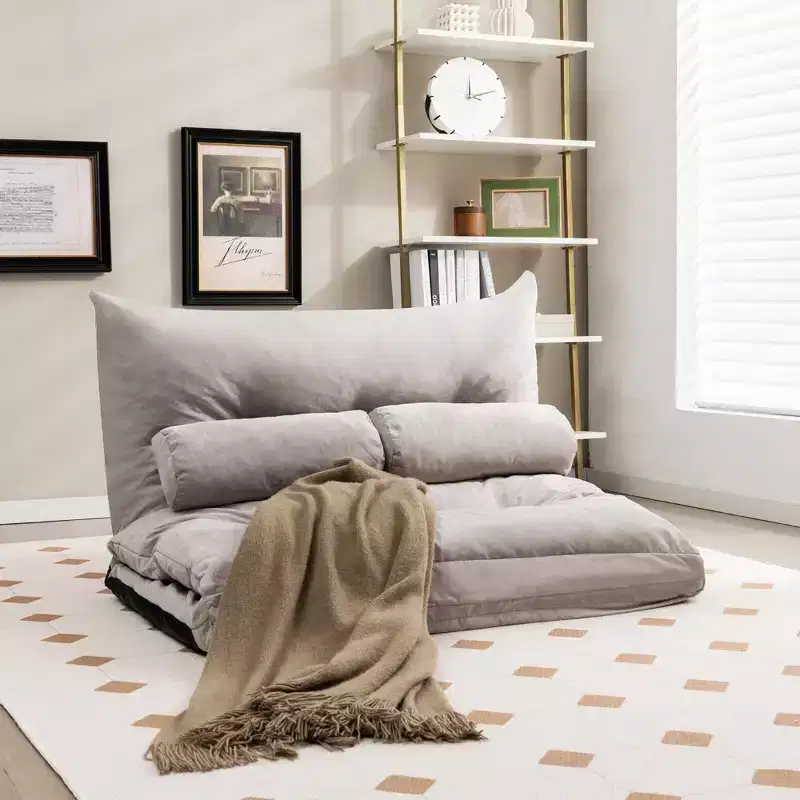 Convertible Lazy Sofa Bed with 42-Level Adjustable Backrest & 2 Lumbar Pillows Gray/Beige