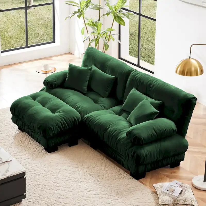 L Shaped Loveseat Sofa Chenille Sectional Couch with Lumbar Pillows