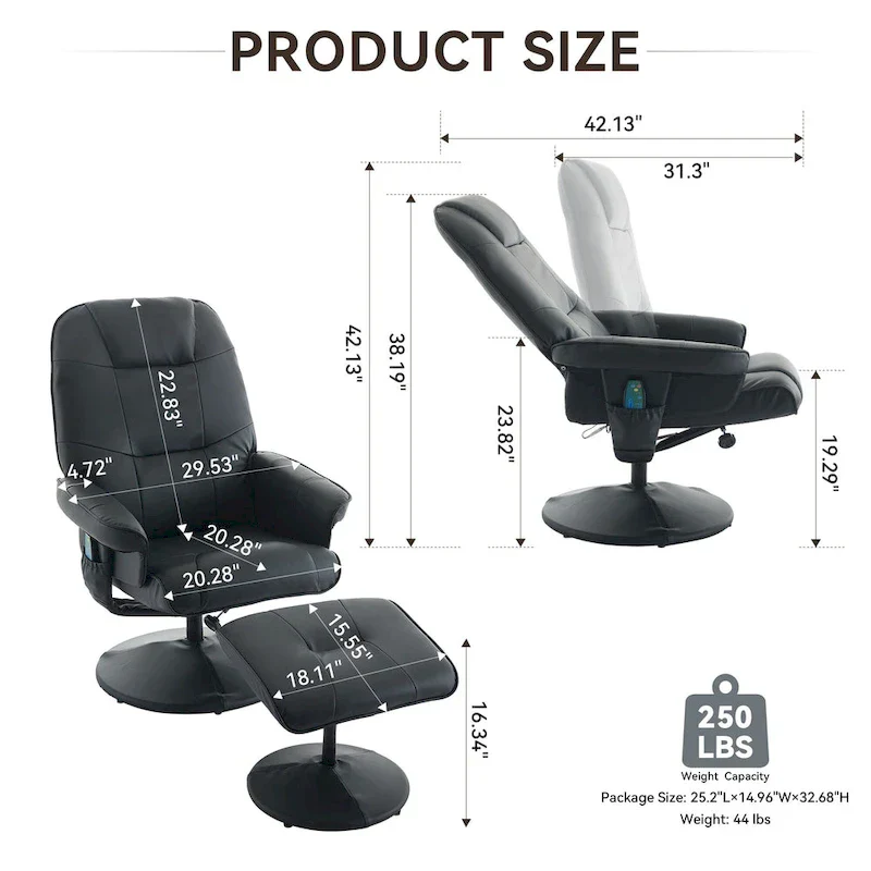 PU Leather 360 Swivel Massage Recliner Chair with Ottoman, Massage and Heated Seat, 140 Adjustable Backrest