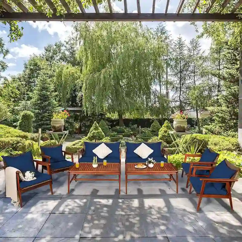 Costway 8PCS Patio Rattan Furniture Set Acacia Wood Frame Cushioned