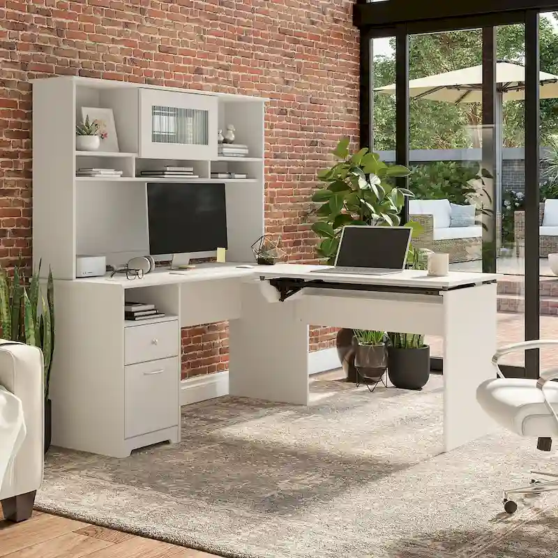 60W 3-position L-shaped Sit to Stand Desk with Hutch by